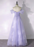 A-line Purple Tulle with Lace Off Shoulder Formal Dress, Purple Tulle Prom Dress HZ1024