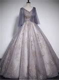 Beautiful Tulle V-neckline Long Formal Dress, Tulle Lace Applique Party Dress HZ1024