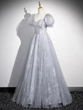 Gray Tulle Beaded Floor Length Prom Dress, A-Line Short Sleeve Evening Party Dress HZ1024