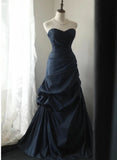 Elegant Navy Blue Vintage Style Taffeta Long Prom Dress, Navy Blue Party Dress HZ1024