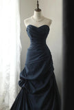 Elegant Navy Blue Vintage Style Taffeta Long Prom Dress, Navy Blue Party Dress HZ1024