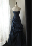 Elegant Navy Blue Vintage Style Taffeta Long Prom Dress, Navy Blue Party Dress HZ1024
