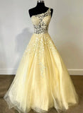 Beautiful One Shoulder Yellow Tulle with Lace Party Dress, Yellow Prom Dress HZ1024