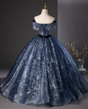 Retro Navy Blue Sweetheart Off-the-shoulder Quinceanera A-Line Long Formal Dress Sweet 16 Ball Gown HZ1024