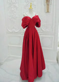 Red Satin A-line Straps Long Evening Dress, Red Long Party Dress HZ1024