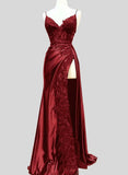 Wine Red Satin with Lace Formal Dress, Wine Red Evening Dress Prom Dress HZ1024