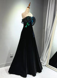 A-line Black Velvet and Tulle Off Shoulder Party Dress, Black Long Prom Dress HZ1024