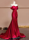 Wine Red Off Shoulder Satin Long Evening Dress, Wine Red Prom Dress HZ1024
