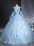 Cute Blue Tulle With Flowers Long Formal Dress, Blue Evening Gown Sweet 16 Dress HZ1024