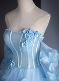 Cute Blue Tulle With Flowers Long Formal Dress, Blue Evening Gown Sweet 16 Dress HZ1024