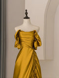 Gold Satin Off Shoulder Long Evening Dress, Gold Satin Prom Dress HZ1024