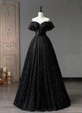 Black Tulle Beaded Long Formal Gown, Black Tulle A-line Prom Dress HZ1024