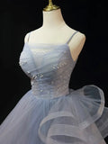 Beautiful Gray Cascading Ruffles Pearl Prom Dress, A-line Spaghetti Straps Sleeveless Backless Formal Dress HZ1024