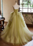 Green Sweetheart Straps Tulle Long Party Dress, Green Tulle Prom Dress HZ1024