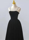Black Velvet Straps Tea Length Party Dress, Black Velvet Homecoming Dress HZ1024
