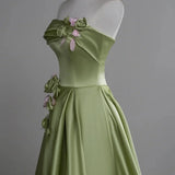 Green A-line Satin with Flowers Long Evening Dress, Green Satin Prom Dress HZ1024