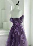 Purple A-Line Tulle With Lace Long Formal Dress, Purple Prom Dress Evening Dress HZ1024