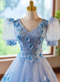 A-Line Light Blue Tulle With Lace Short Sleeves Prom Dress, Tulle Sweet 16 Dress HZ1024