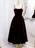 Wine Red Velvet Tea Length Party Dress, Wine Red Straps Homecoming Dress HZ1024