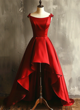 Wine Red Satin High Low Round Neckline Party Dress, Wine Red Homecoming Dress HZ1024