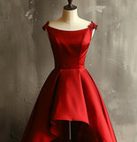 Wine Red Satin High Low Round Neckline Party Dress, Wine Red Homecoming Dress HZ1024
