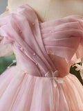 Pink Tulle Knee Length A-Line Party Dress, Lovely Off the Shoulder Prom Dress HZ1024
