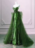 A-Line Green Sequins And Tulle Long Party Dress, Green Evening Dress Formal Dress HZ1024