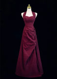 Wine Red A-Line Halter Vintage Style Prom Dress, Wine Red Long Evening Dress HZ1024