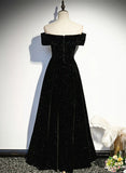 Simple Black Sweetheart Off Shoulder Long Velvet Prom Dress, Black Evening Dress HZ1024