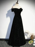 Simple Black Sweetheart Off Shoulder Long Velvet Prom Dress, Black Evening Dress HZ1024