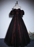 Pretty A-line Black and Red Lace Sweetheart Evening Dress, Black and Red Prom Dress HZ1024