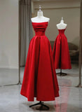 Red A-line Satin Scoop Long Prom Dress Party Dress, Red Satin Formal Dress HZ1024
