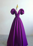 Purple Satin A-line Short Sleeves Long Formal Dress, Purple Prom Dress HZ1024