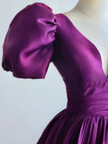 Purple Satin A-line Short Sleeves Long Formal Dress, Purple Prom Dress HZ1024