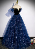 Lovely Navy Blue Tulle Off Shoulder Beaded Long Party Dress, Navy Blue Tulle Prom Dress HZ1024