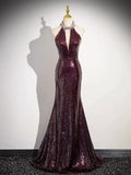 Burgundy Sequins Long Prom Dress, Mermaid Backless Evening Formal Dress HZ1024