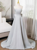 Gray Strapless Satin Long Prom Dress, Simple A-Line Evening Dress HZ1024