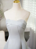 Gray Strapless Satin Long Prom Dress, Simple A-Line Evening Dress HZ1024