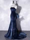 Blue Velvet Spaghetti Strap Long Prom Dress, Mermaid Bow Evening Party Dress HZ1024