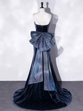 Blue Velvet Spaghetti Strap Long Prom Dress, Mermaid Bow Evening Party Dress HZ1024