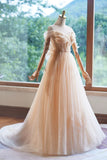 Champagne Tulle Floor Length Prom Dress, A-Line Sleeveless Backless Evening Party Dress HZ1024