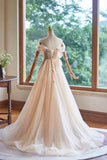 Champagne Tulle Floor Length Prom Dress, A-Line Sleeveless Backless Evening Party Dress HZ1024
