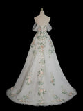 A-Line Tulle Floral Lace Long Prom Dress, White Off the Shoulder Evening Party Dress HZ1024