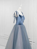 A-Line Velvet Tulle Long Prom Dress, Gray Blue Spaghetti Strap Evening Party Dress HZ1024