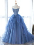 Blue Strapless Tulle Sequins Long Prom Dress, Beautiful A-Line Formal Party Dress HZ1024