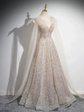 Champagne Tulle Sequins Long Prom Dress, Sparkling A-Line Evening Party Dress HZ1024