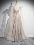 Champagne Tulle Sequins Long Prom Dress, Sparkling A-Line Evening Party Dress HZ1024