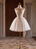 Champagne Strapless Tulle Sequins Short Prom Dress, Lovely Sweetheart Homecoming Party Dress HZ1024