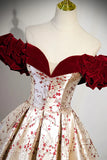 Beautiful Floral Satin Sweetheart Off Shoulder Prom Dress, Burgundy Long Satin Backless Party Dress HZ1024