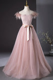 Pink Tulle Beaded Long Prom Dress, Lovely Pink Off the Shoulder Evening Party Dress HZ1024